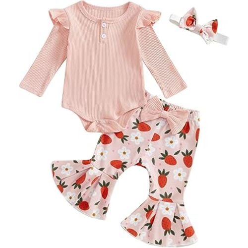 fhutpw Newborn Baby Girl Clothes Rib Frill Romper Daisy Flared Pants Set