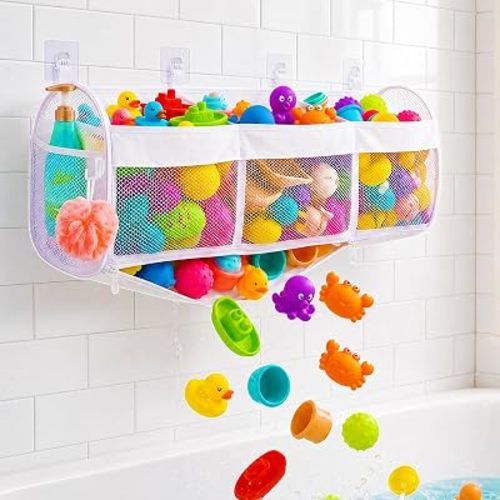 Bath Toy Storage, 3 Compartment Horizontal Large Openings with Bottom Zipper, Quick Dry Mesh Easy Access Toy Organizer for Tub & Shower Bath Toy Sorting
