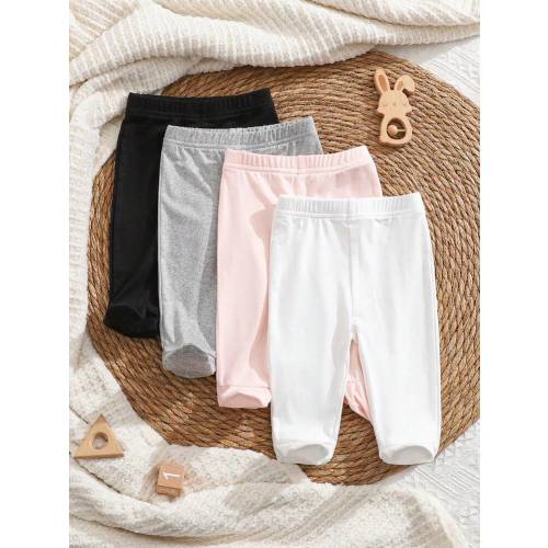 SHEIN 4pcs/Pack Newborn Baby Girls Solid Color White, Pink, Black, Gray Footless Leggings - Soft And Skin-Friendly Ribbed Knit Fabric, Comfortable Fit, Suitable For All Seasons, Cute And Simple, Elastic And Easy To Put On/Take Off, Good Value, Suitable Fo