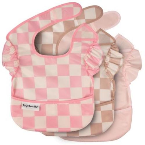 Tiny Twinkle Mess-Proof and Waterproof Baby Food Bib for Boys or Girls, Machine Washable and BPA-Free w/Adjustable Closure (3-Pack, Checkers Girl)
