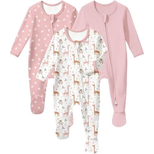FILLEEP Baby Sleepers 3Pcs 100% Cotton Pajamas for Newborn 0-3 3-6 6-9 Months Boys Girls Clothes Sleep 'N Play Footed PJs
