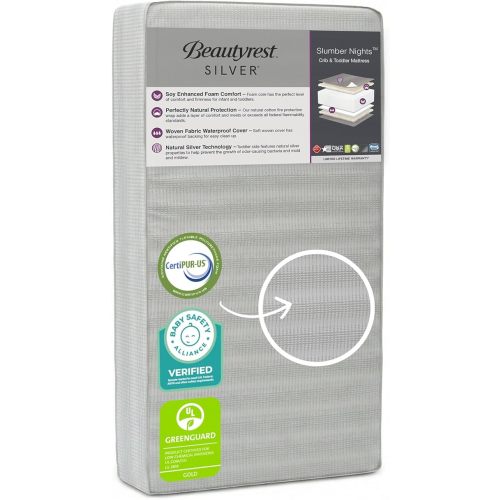 Beautyrest Silver Slumber Nights Dual Sided 2-Stage Crib Mattress and Toddler Mattress - GREENGUARD Gold – Waterproof - Plant Based Soy Foam Core, Grey