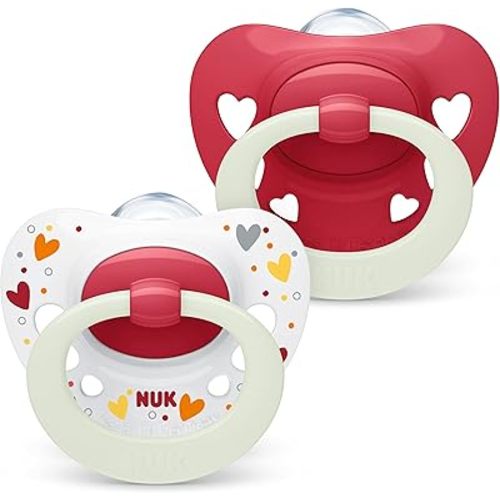 NUK Signature Night Baby Dummy | 0-6 Months | Soothes 95% of Babies | Heart-Shaped BPA-Free Silicone Pacifiers | Glow-in-The-Dark | Includes Case | Red Hearts | 2 Count
