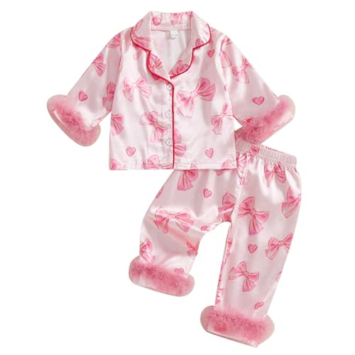Douhoow Toddler Baby Girls Silk Satin Pajamas Set Feather Trim Long Sleeve Botton Shirt Tops Pajama Pant Fuzzy Lounge Pjs