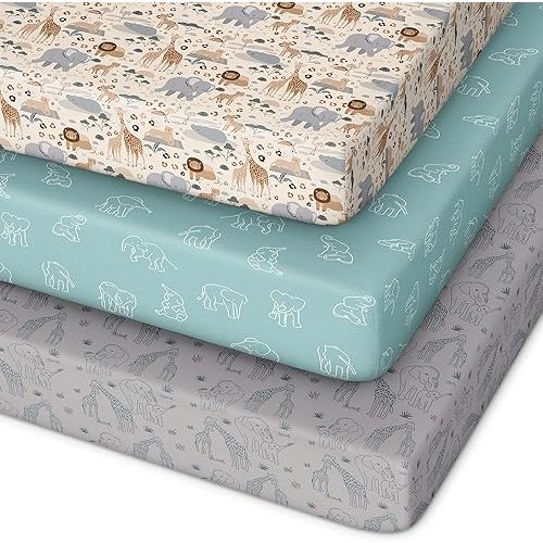 Pack and Play Sheets Fitted 3 Pack, Mini Crib Sheets for Pack N Play Mattress Stretchy Portable Playard Sheets, Soft Breathable Elephant