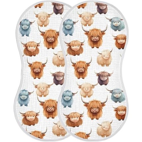 2Pcs Cute Highland Cow Pattern Burp Cloth,Unisex Large Absorbent Soft Cotton Muslin Burping Cloths for Newborn Boys Girls,11x22in,A110858