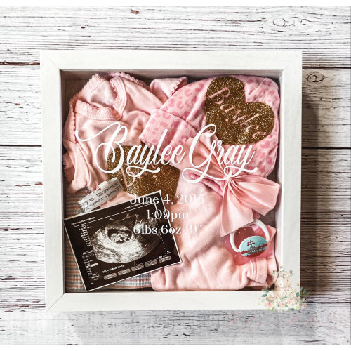 Personalized Baby Memories Keepsake Display Shadow Box with Baby Name/Stats