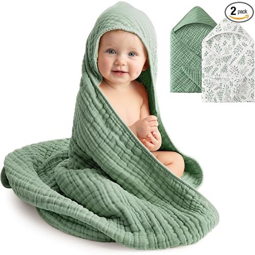 Baby Bath Towels, 100% Muslin Cotton Hooded Baby Towels for Newborn, Infant and Toddler, 2 Pack Soft and Absorbent Unisex Bath Essentials with Large 32x32Inch Size