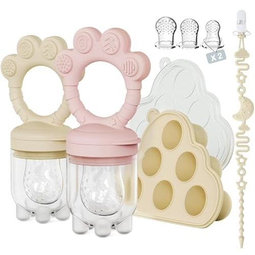 2 Pack Baby Fruit Feeder + Breastmilk Popsicle Molds,Baby Teethers, Perfect for Teething Relief,Fresh Food Feeder for Safe Infant Self Feeding,Extra Silicone Clips,4 M+(Mauve Pink, Soft Pink)