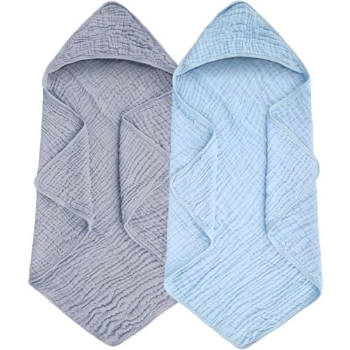 Baby Hooded Bath Towel 2 Pack, 100% Muslin Cotton, 32x32 Inch - Matching Trim & Hood, Soft Absorbent Baby Toddler Towel for Newborns & Infants, Blue and Misty