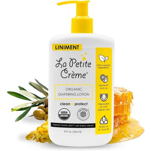 La Petite Creme French Premium Liniment Baby Lotion - Diaper Cream Alternative to Wet Wipes - Gentle Moisturizer & Skin Cleanser, USDA Certified Organic Ingredients - Newborn Essentials (8 oz)
