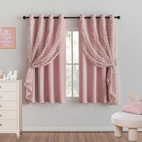 MYSKY HOME Double Layer Curtains for Girls Bedroom Kids Curtain Pink Pom Pom Sheer Window Curtains 2 Panels Pink Curtains Grommet Room Darkening Solid Nursery Curtains 63 Inches Length, W52 X L63