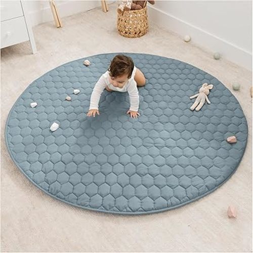 Comfy Cubs Round Kids Play Mat - Large 60 inches Soft Quilted Baby Floor Mat with Non-Slip Bottom - Plush Design for Toddlers' Playtime and Relaxation - Comfortable and Durable - Pacific Blue