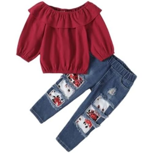 NZRVAWS Toddler Baby Girl Clothes Infant Print Colorful Ruffle Outfits Fall winter Top Ripped Jeans Pant Set Clothing 6M-5T