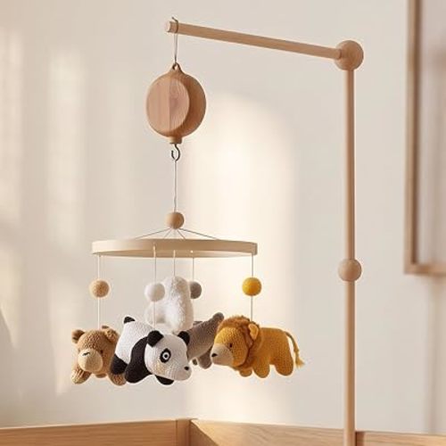 let's make Woodland Crochet Baby Crib Mobile, Soft Handcrafted Knit Forest Animals Nursery Decor, Options with Clamp Stand and Music Box, Gender Neutral Earth Tones