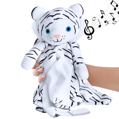 Love By Emi 4 in 1 Baby Lullaby Sleep Soother Toy - Stuffed Animal Sound Machine & Pacifier Holder | Heartbeat White Noise & Music | Plush White Tiger Lovey Sleep Aid Security Blanket (0-3 Years)