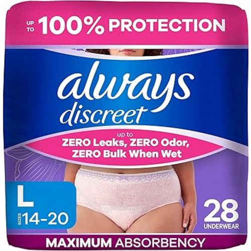 Always Discreet Adult Diapers for Women, Incontinence Underwear, Postpartum Essentials, Disposable Briefs, Max Absorbency, Bladder Leak Protection, Large, 28ct