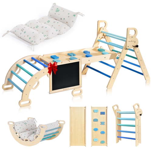 BlueWood 7-in-1 Foldable Pikler Triangle Climbing Set with Cushion,for Toddlers,Blue