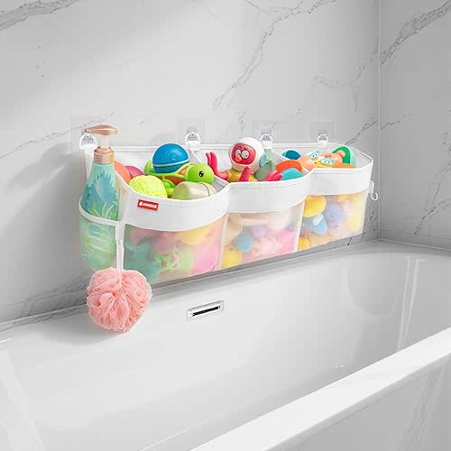 UNEEDE 3 Compartment Horizontal Bath Toy Organizer for Tub,Extra Large Capacity 4.95 Gallons Bath Toy Storage Holder,Mesh Quick Dry Bathtub Storage and Organizer,Easy Access Baby Bathtub Holder