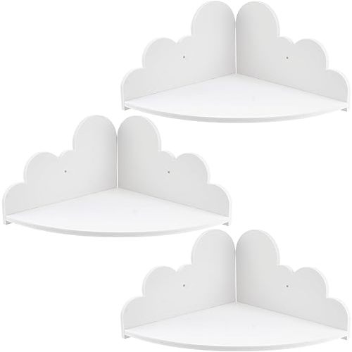White Floating Cloud Shelf - Small corner shelf, suitable for cloud-themed children's room wall decorations, 3-piece hanging display shelf set, suitable for children's bedrooms and living rooms.