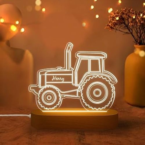 Personalized Tractor Night Light for Kids Room, Custom Tractor Acrylic LED Lamp with Nursery Decor Design, Digger Theme Bedroom Bedside Light, Baby Boy Gift and Farm Vehicle Decor