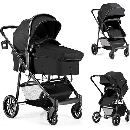 BABY JOY Baby Stroller, 2 in 1 Convertible Carriage Bassinet to Stroller, Pushchair with Foot Cover, Cup Holder, Large Storage Space, Wheels Suspension, 5-Point Harness (Black)