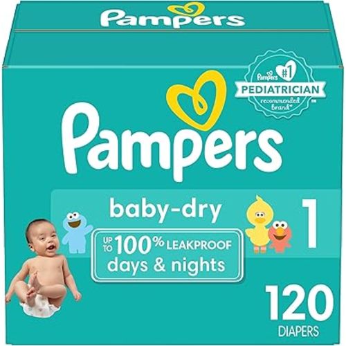 Pampers Baby Dry Diapers - Size 1, 120 Count, Absorbent Disposable Diapers