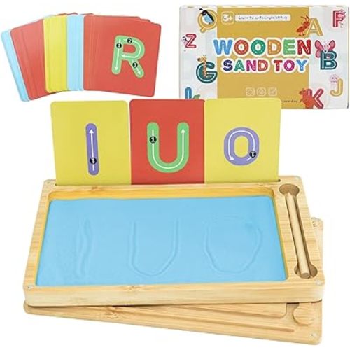 Montessori Sand Tray with Lid, Sand Trays for Classroom, Wooden Sand Letter Tracing Tray with Letters and Numbers Preschool Classroom Must Haves(Blue)