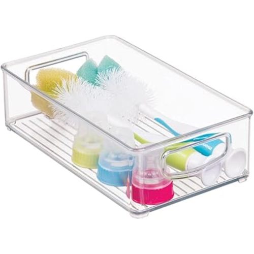 mDesign Small Plastic Baby Nursery and Food Organizer -Storage Holder Bin with Handles for Closet, Cupboard, Cabinet, Drawers, Shelves - Holds Canned Food, Bottles, Formula - Ligne Collection, Clear