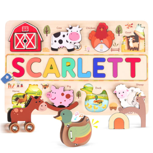 Personalized Farm Animal Wooden Name Puzzle, Wooden Chunky Baby Puzzle For Toddlers 1-3, Montessori Farm Animal Toys, Custom Baby Name Gifts, Preschoool Learning, Gift for Kid, One Year Old Birthday Gifts (Farm)