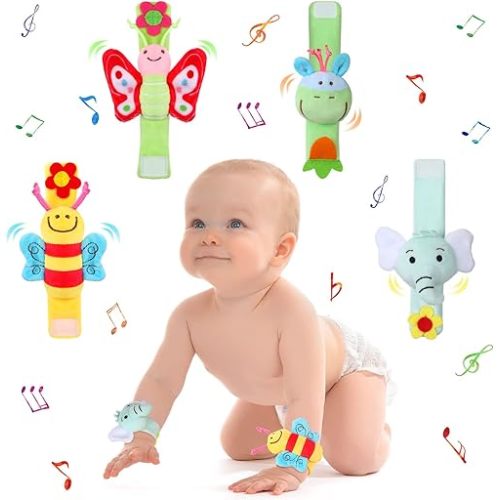 Jerify 4 Pcs Baby Wrist Rattles Animal Pattern Newborn Rattle Wrist Foot Toy for Babies Boy Girl Infant Birthday Gifts Educational Toys, 4 Designs