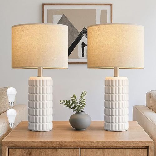 23" Modern Ceramic Table Lamps Set of 2 - Table Lamps for Living room, Farmhouse Bedside Night Stands Lamp for Bedroom, White Boho Nightstand Lamps Set of 2, Desk Lamp for End Table Home Decor