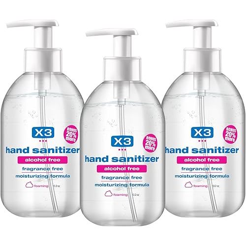 X3 Clean Foaming Hand Sanitizer, Alcohol Free, Fragrance Free, Moisturizing, 10.2 oz Pump Bottles (Pack of 3)