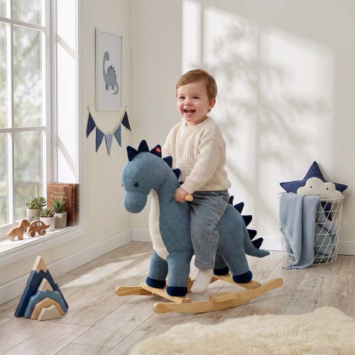 Qaba Baby Rocking Horse, Dinosaur Kids Ride on Horse with Realistic Sound, Interactive Toy Pretend Play Toy for Toddlers 12-36 Months, Dark Blue