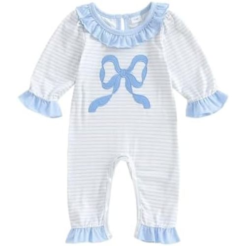 Seyurigaoka Newborn Baby Girl Fall Clothes Bow Striped Smocked Romper Long Sleeve Ruffle One Piece Going Home Outfits