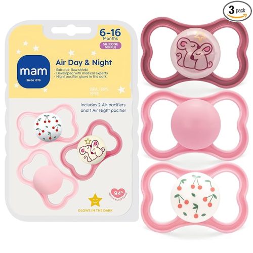 MAM Air Pacifier for Babies 6-16 Months, Extra Air Flow for Sensitive Skin, Glows in The Dark, Developed with Medical Experts, BPA-Free Skin Soft Silicone, 3 Count, Made in Europe