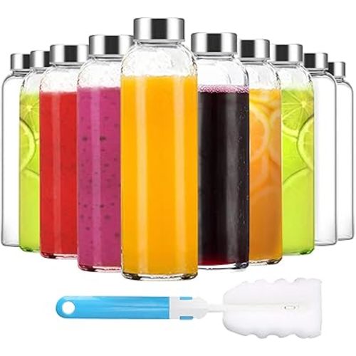 Clear Glass Bottles with Lids 18 oz, Reusable Glass Water Bottles with Stainless Steel Cap for Juicing, Refrigerator,100% Leak Proof, BPA Free, Juice Water Bottle Set of 10