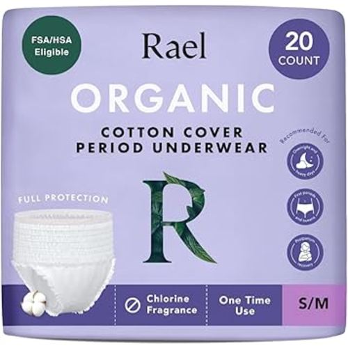 Rael Disposable Underwear for Women, Organic Cotton Cover - Postpartum Essentials, Leak Locker, Unscented, Maximum Coverage (Size S-M, 20 Count)