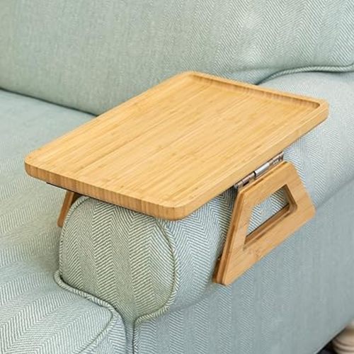 Bamboo Trayble Couch Arm Table, Clip On Tray Sofa Table for Couches. Sofa Arm Tray for TV Dinners, Remotes, Drinks, Snacks and Small Spaces - 13.75 x 9.5inch, Beige
