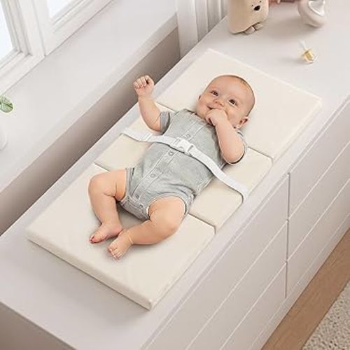 YACODAVO Foldable Baby Changing Pad with Vegan Leather Cover, Standard Side Waterproof & Wipeable Changing Pad for Toddler, Flat Foam Travel Diaper Changing Pad for Dresser and Table, White