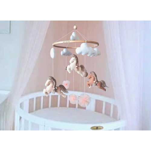Felt Horse Baby Mobile: Handmade Pony Crib Decor, Beige Nursery