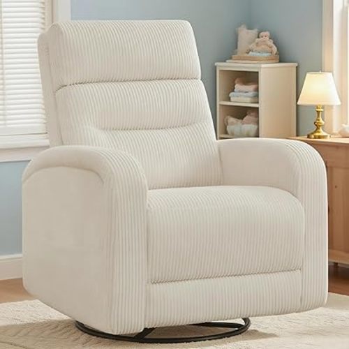 Swivel Rocker Recliner for Adult, Upholstered Recliner Glider Nursery Chair, Manual Fabric Rocking Recliners for Living Room, Bedroom, Corduroy White