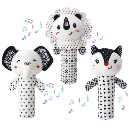 KABOER 3 Pcs Baby Rattles 0-12 Months, Black and White Newborn Toys, Soft Plush Rattle Stuffed Animal Toy,  Developmental Hand Grip Toys