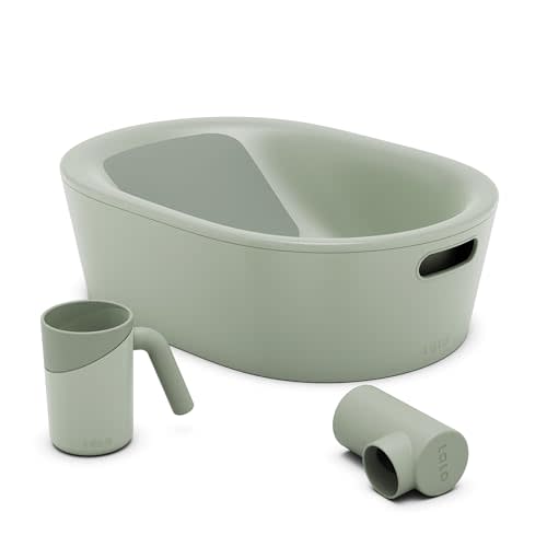 Lalo Bathtime Starter Kit - 3-Piece Set Includes Modern Baby Bathtub, Rinse Cup & Spout Cover - Safe, Easy to Clean Design for Newborns - 25.3 x 18 x 7.7 in, 10 lb - Sage