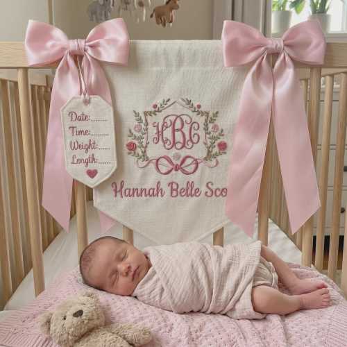 Personalized Embroidered Baby Banner, Custom Monogrammed Newborn Banner with Floral Crest Frame, Baby Shower Gift,Hospital Door Sign,Nursery