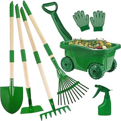 Duckura Kids Gardening Tools Set - 7pcs Wheelbarrow Set for Kids with Shovel, Rake, Leaf Rake, Summer Outdoor Yard Digging Weed Birthday Gifts Toys, Christmas for Boys Girls Age 2 3+ Years Old(Green)