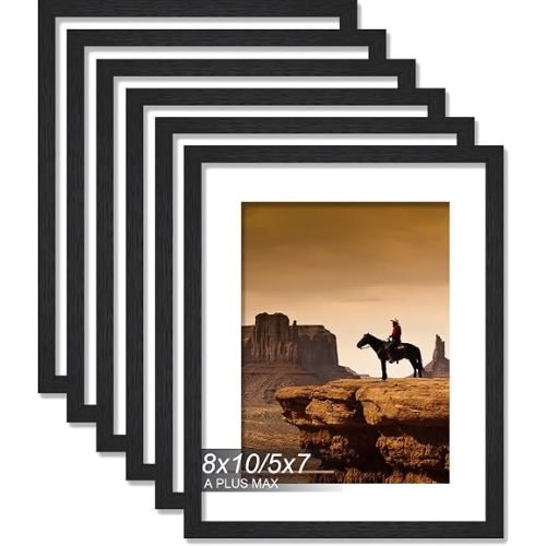 A PLUS MAX 8x10 Picture Frame Set of 6, Engineered Wood Frame Display Photo 5x7 with Mat or 8 x 10 without Mat, 8by10 Frame with Black Wood Grain for Wall - 6 Pack/Black/8"x10"