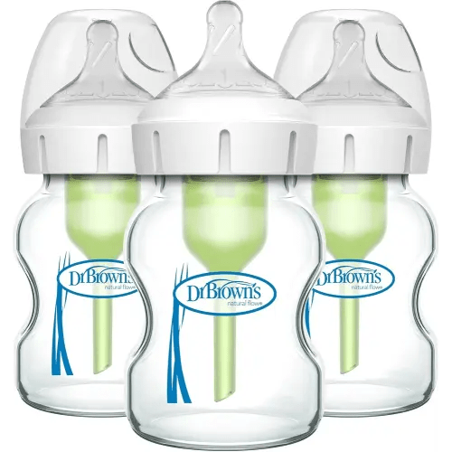 Dr. Brown's Natural Flow Anti-Colic Options+ Wide-Neck Glass Baby Bottles 5 oz/150 mL, with Level 1 Slow Flow Nipple, 3 Pack, 0m+