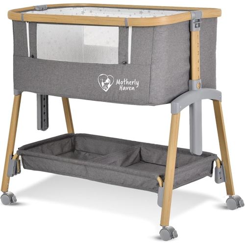 Baby Bassinet Bedside Sleeper, Portable Crib for Newborns, Adjustable 7-Height Auto-Lock, with Wheels, Soft Mattress & Breathable Mesh (Light Grey)