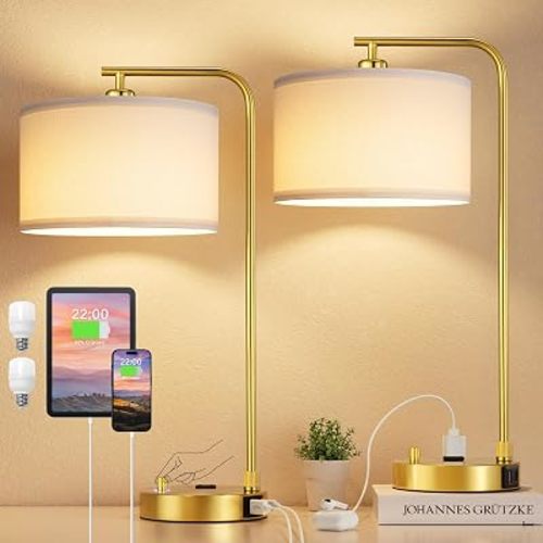 Gold Bedside Lamps Set of 2, Fully Dimmable Lamps for Night Stands, USB A+C